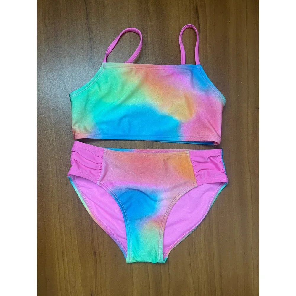 Cat & Jack Girls Rainbow Tie Dye 2-Piece Swimsuit UPF 50+ Large Size 10/12